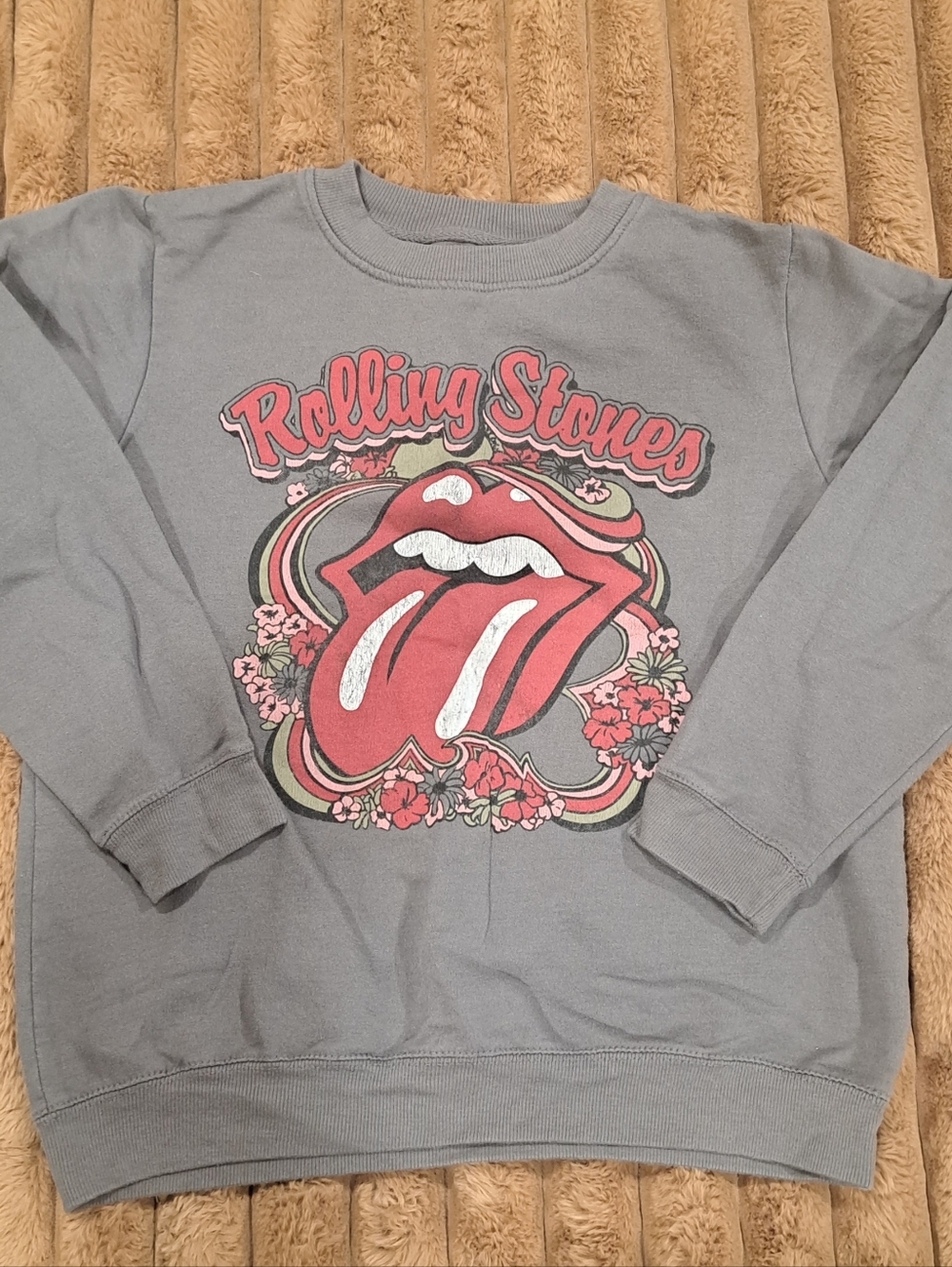 Womens Juniors Distressed Gray Floral Rolling Stones Sweatshirt Size Large